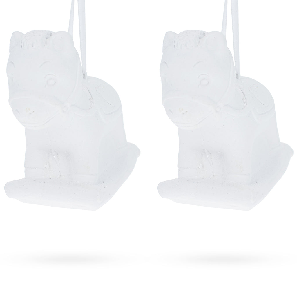 Set of 2 Unfinished Unpainted Blank White Plaster Rocking Horse Ornaments 3.5 Inches in White color