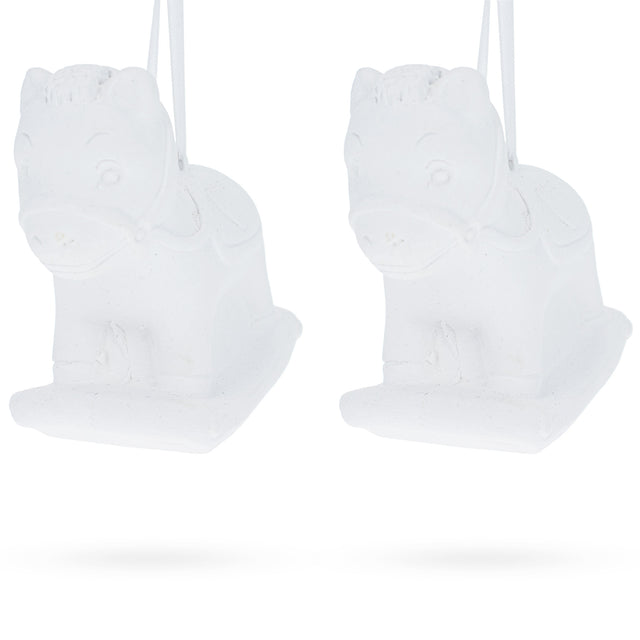 Set of 2 Unfinished Unpainted Blank White Plaster Rocking Horse Ornaments 3.5 Inches in White color