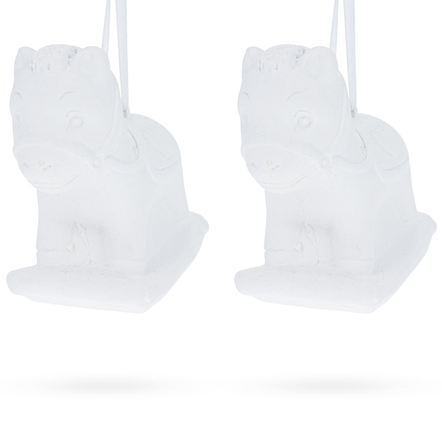 Set of 2 Unfinished Unpainted Blank White Plaster Rocking Horse Ornaments 3.5 Inches in White color