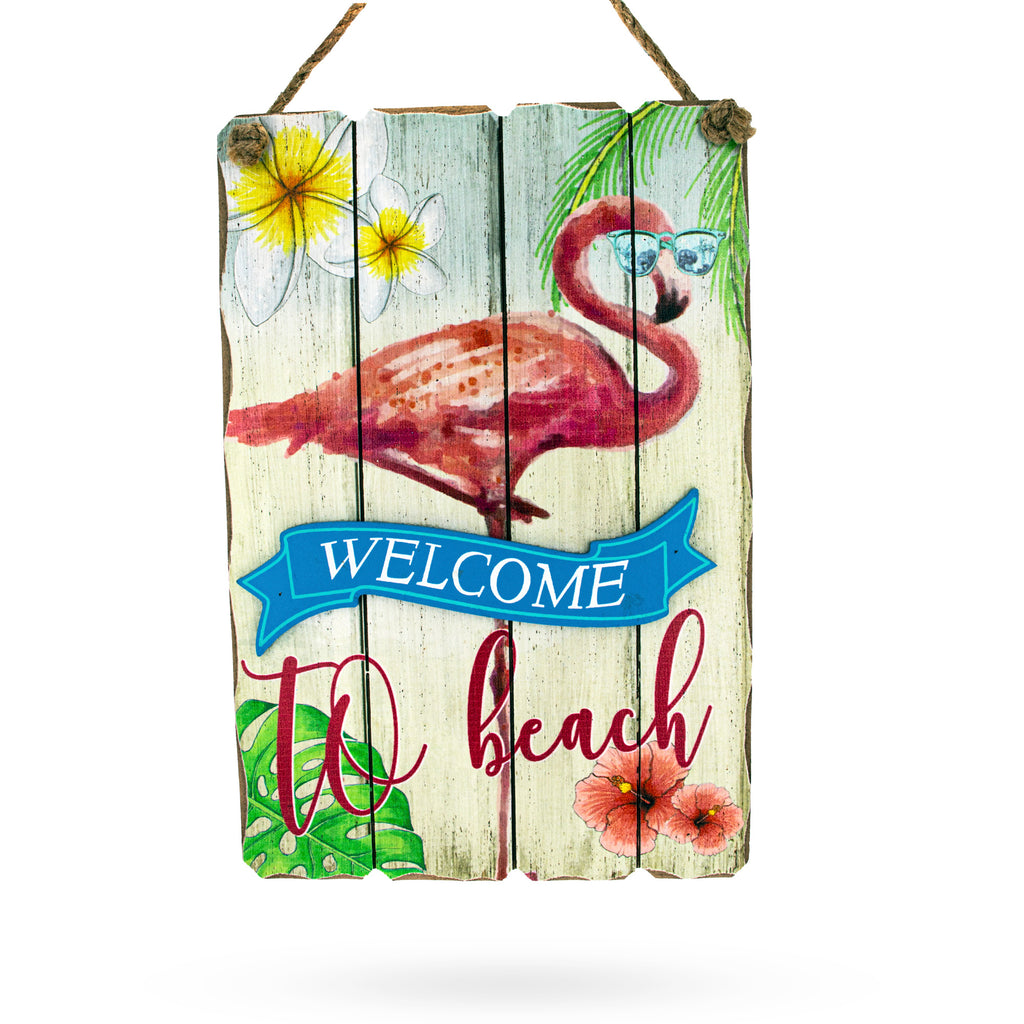 Welcome to the Beach Hanging Flamingo Wooden Sign Display 9.5 Inches in Multi color