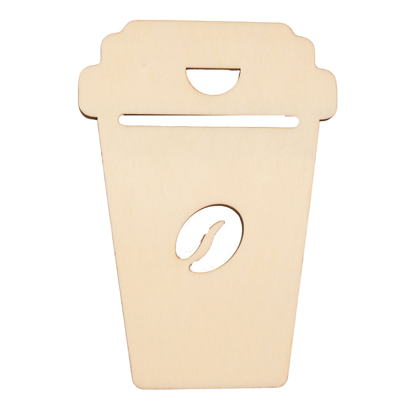 Unfinished Wooden Word Coffee Cup Shape Cutout DIY Craft 4.9 Inches in Beige color,  shape