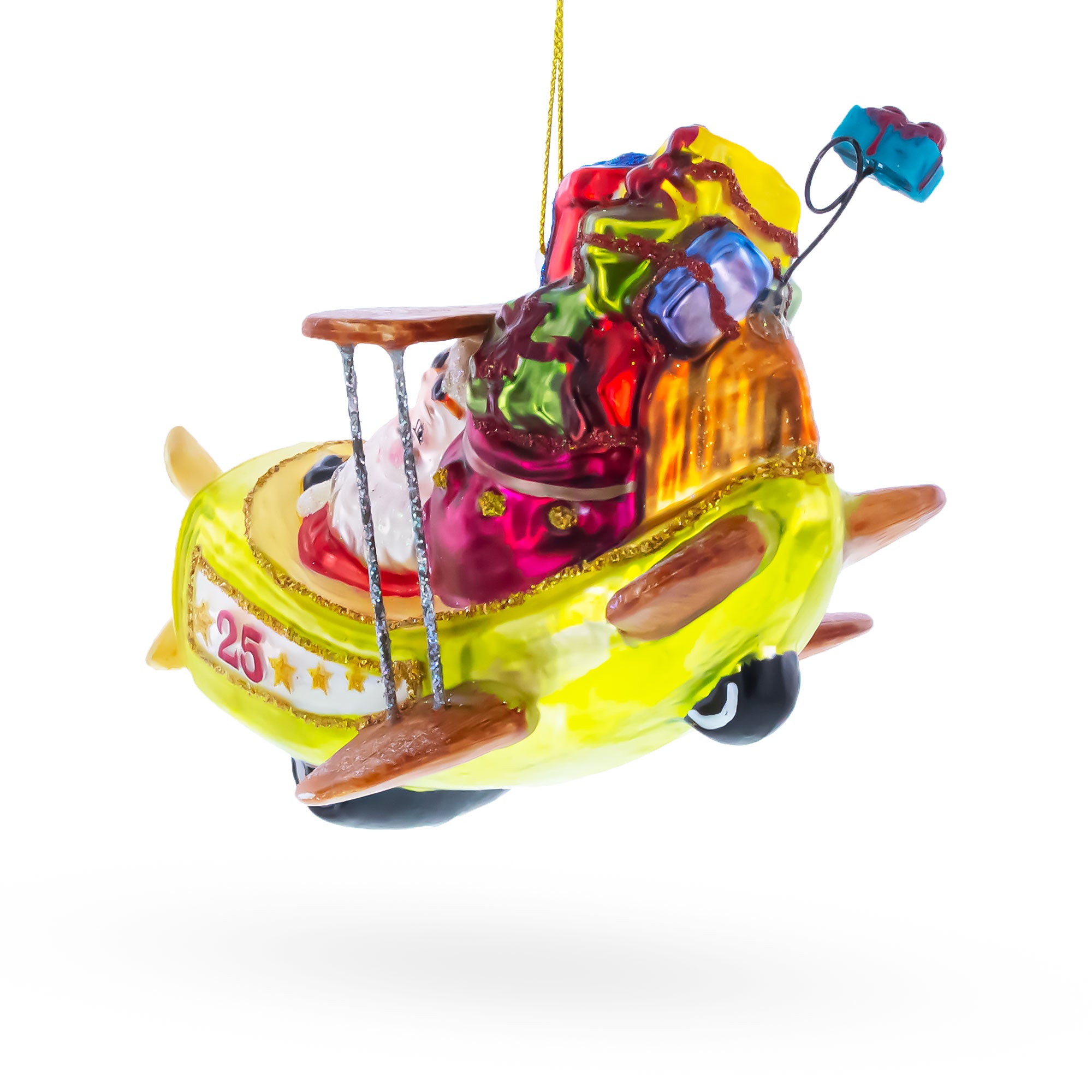 Santa Delivering Gifts on Airplane Glass Christmas OrnamentChina , dimensions in inches: 5.8 x 4.2 x 3.75