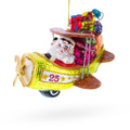 Santa Delivering Gifts on Airplane Glass Christmas Ornament in Yellow color Figurine