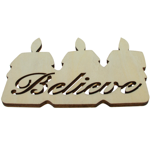 Wood Unfinished Wooden Candle Shape with Text "Believe" Cutout DIY Craft 4.8 Inches in Beige color