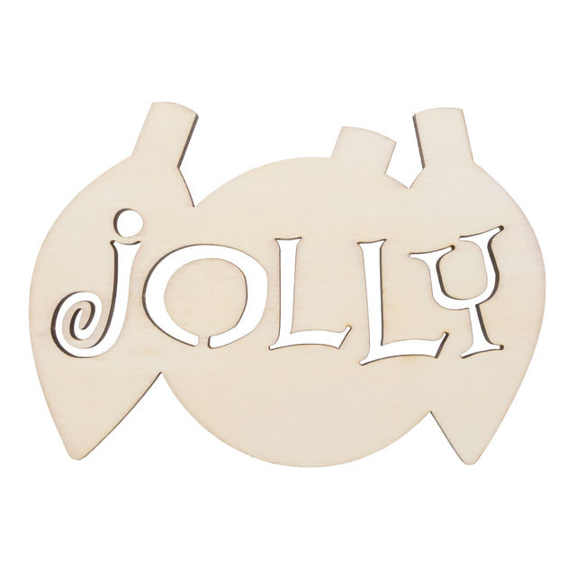 Unfinished Wooden Multiple Ornament Shape with Text "Jolly" text Cutout DIY Craft 5 Inches in Beige color