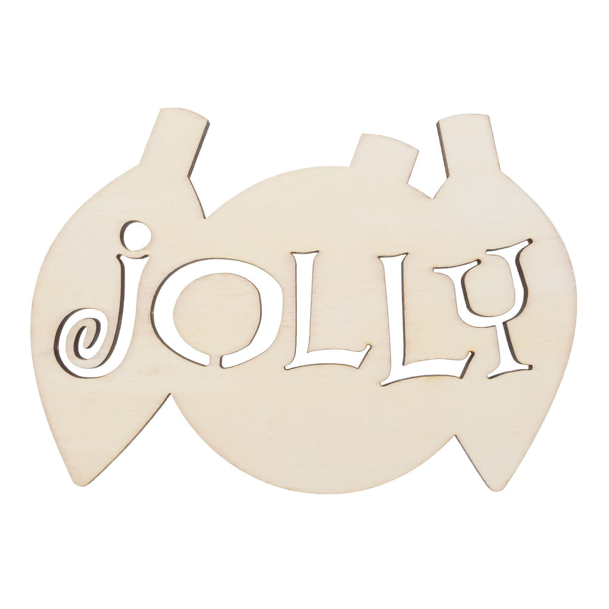 Unfinished Wooden Multiple Ornament Shape with Text "Jolly" text Cutout DIY Craft 5 Inches in Beige color