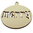 Unfinished Wooden Christmas Ornament Shape with Text "Merry" Cutout DIY Craft 5 Inches in Beige color, Round shape