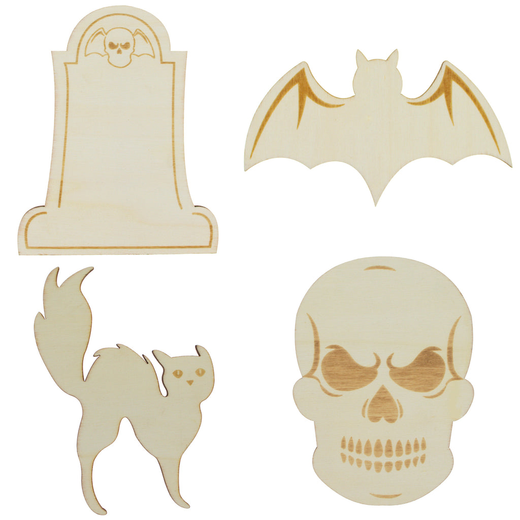 Set of 4 Unfinished Wooden Halloween Theme Shape Cutout DIY Craft 4.9 Inches in Beige color