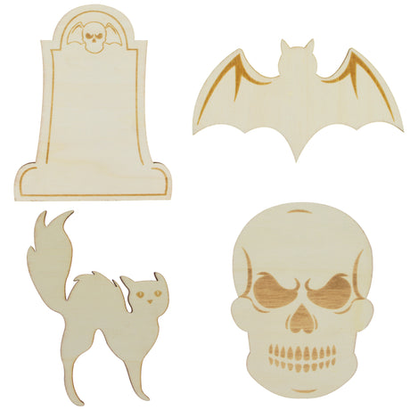 Set of 4 Unfinished Wooden Halloween Theme Shape Cutout DIY Craft 4.9 Inches in Beige color