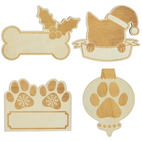 Set of 4 Unfinished Wooden Etched Dog and Cat Shape Cutout DIY Craft 3.9 Inches in Beige color,  shape