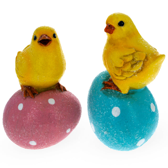 Resin Set of 2 Chicks on Easter Egg Figurines 3.8 Inches in Multi color