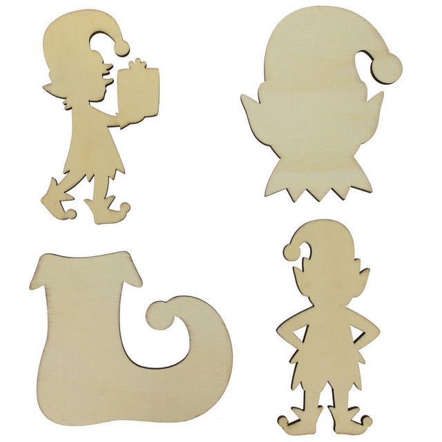 Set of 4 Unfinished Wooden Elf Shape Cutout DIY Craft 5 Inches in Beige color