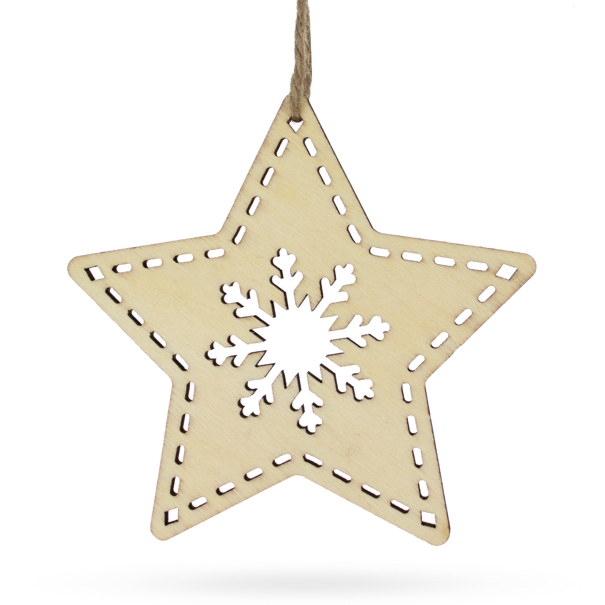 Unfinished Wooden Star Ornament with Snowflake DIY Craft 4 Inches in Beige color Star