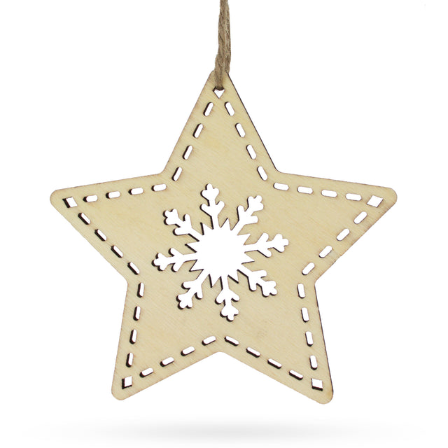 Unfinished Wooden Star Ornament with Snowflake DIY Craft 4 Inches in Beige color Star