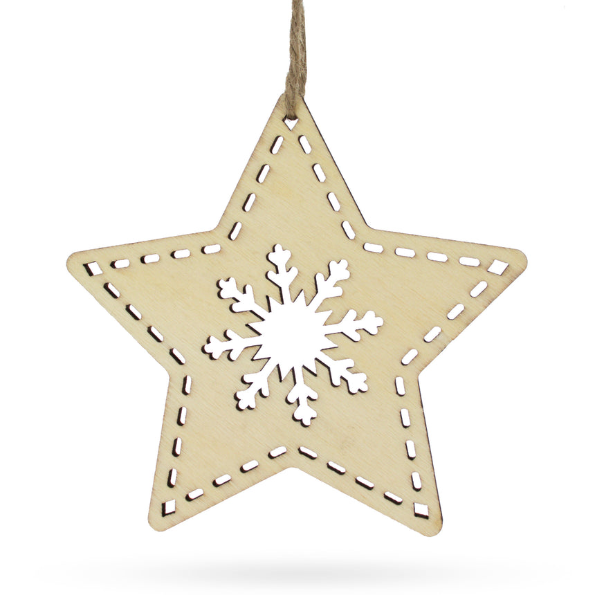 Unfinished Wooden Star Ornament with Snowflake DIY Craft 4 Inches in Beige color Star