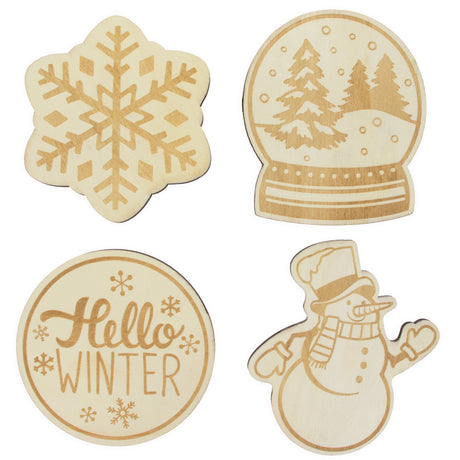 Set of 4 Unfinished Wooden Etched Winter Theme Cutout DIY Craft 4.8 Inches in Beige color