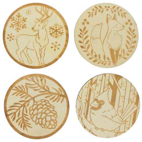 Set of 4 Unfinished Wooden Etched Animals and Forest Life Theme Cutout DIY Craft 4.4 Inches in Beige color, Round shape