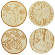 Set of 4 Unfinished Wooden Etched Animals and Forest Life Theme Cutout DIY Craft 4.4 Inches in Beige color Round