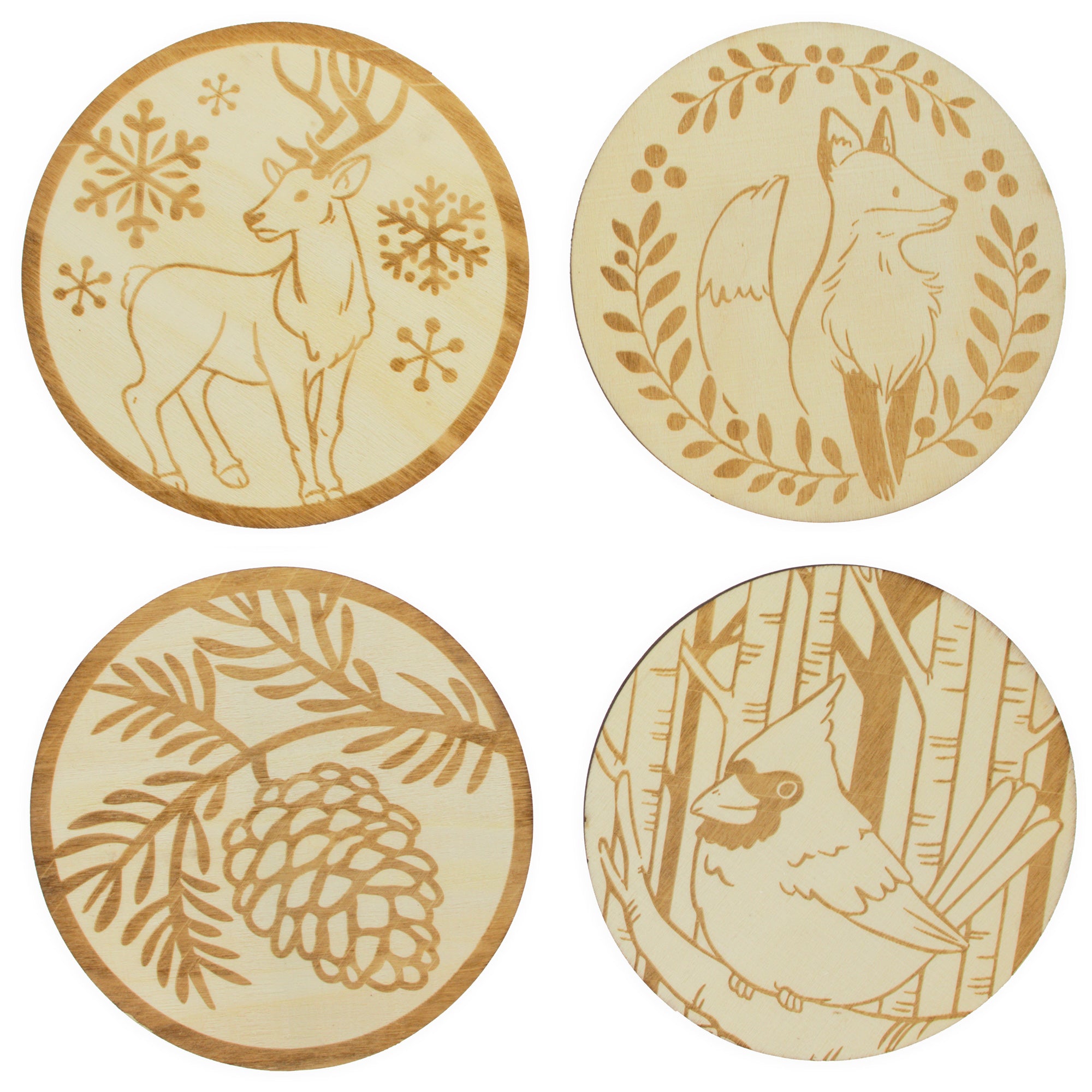 Set of 4 Unfinished Wooden Etched Animals and Forest Life Theme Cutout DIY Craft 4.4 Inches in Beige color Round