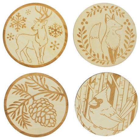 Set of 4 Unfinished Wooden Etched Animals and Forest Life Theme Cutout DIY Craft 4.4 Inches in Beige color Round