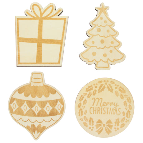 Set of 4 Unfinished Wooden Etched Traditional Christmas Theme Cutout DIY Craft 4.9 Inches in Beige color