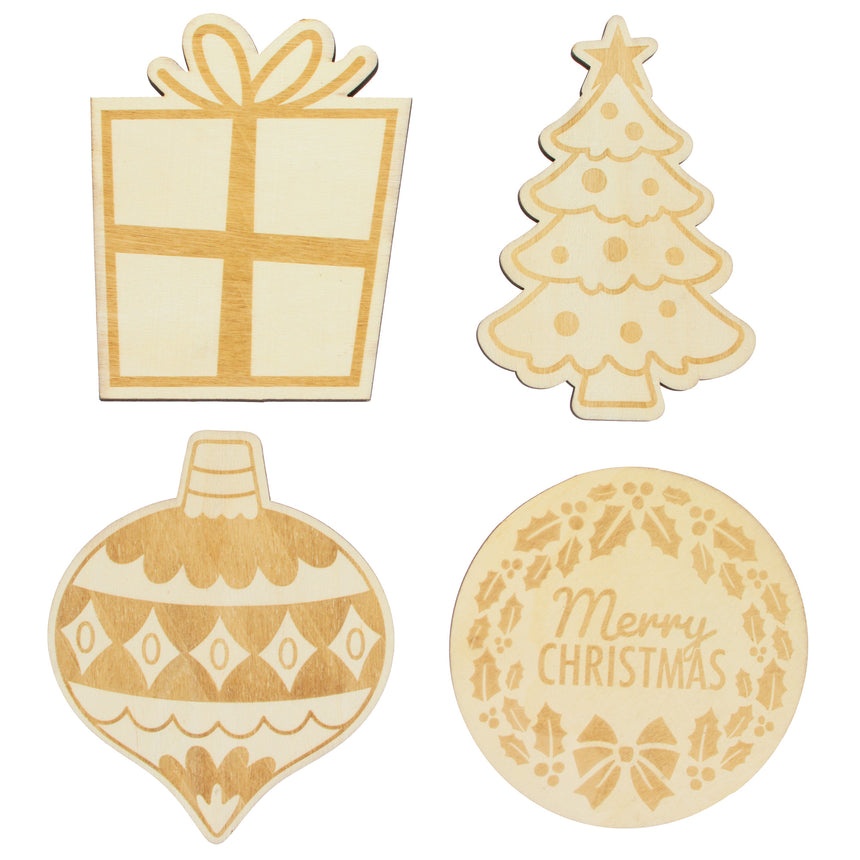 Set of 4 Unfinished Wooden Etched Traditional Christmas Theme Cutout DIY Craft 4.9 Inches in Beige color