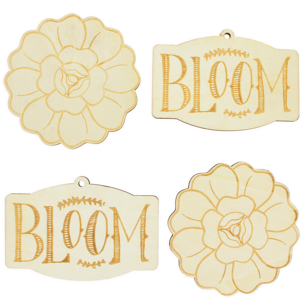 Set of 4 Unfinished Wooden Etched Flower Bloom Cutout DIY Craft 4.9 Inches in Beige color,  shape