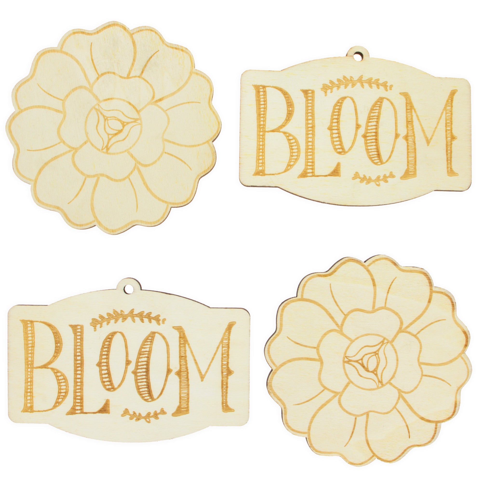 Set of 4 Unfinished Wooden Etched Flower Bloom Cutout DIY Craft 4.9 Inches in Beige color