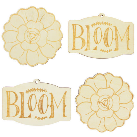 Set of 4 Unfinished Wooden Etched Flower Bloom Cutout DIY Craft 4.9 Inches in Beige color