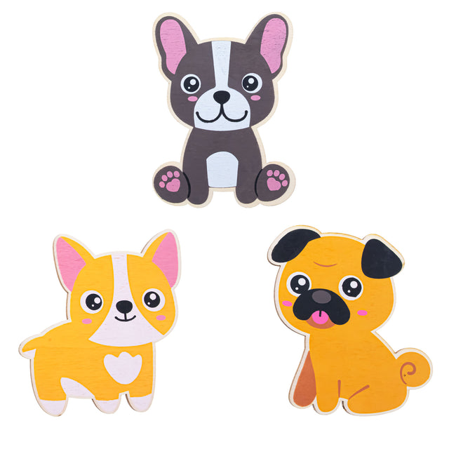 Wood Set of 3 Painted Wooden Dogs Cutout DIY Craft 4.5 Inches in Multi color