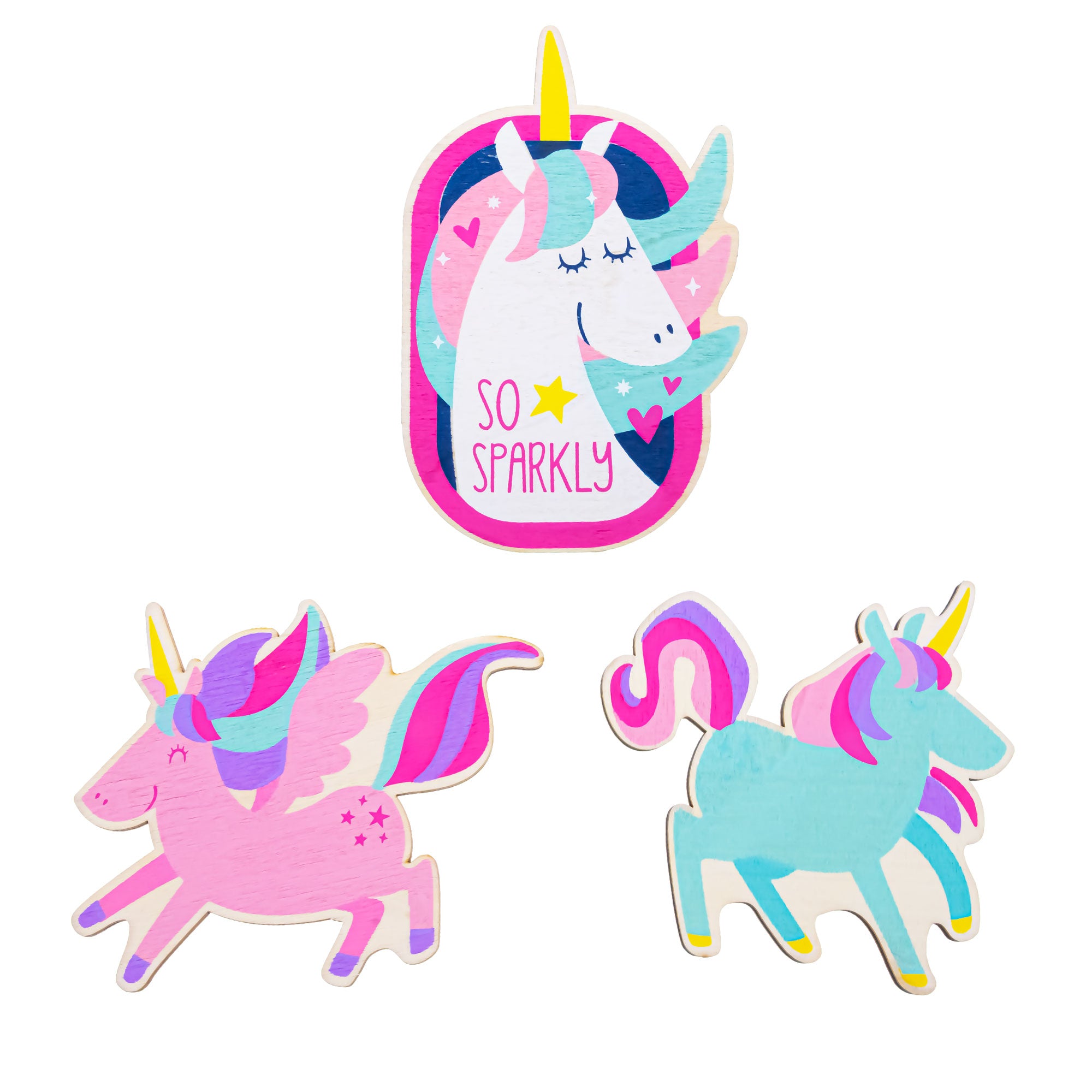 Set of 3 Painted Wooden Unicorns Cutout DIY Craft 5 Inches in Beige color