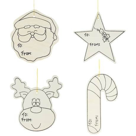 Set of 4 Unfinished Wooden Gift Tags Christmas Theme Cutout DIY Craft 4.7 Inches in Beige color