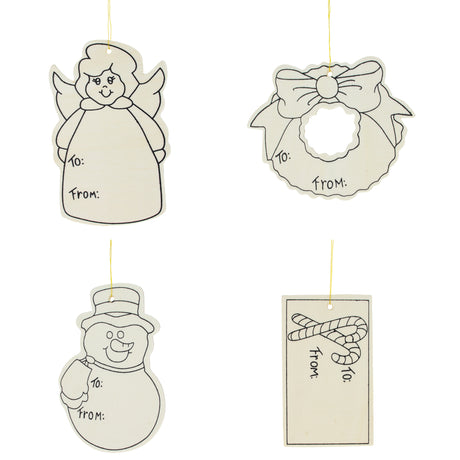 Wood Set of 4 Unfinished Wooden Gift Tags Christmas Theme Cutout DIY Craft 4.5 Inches in Beige color