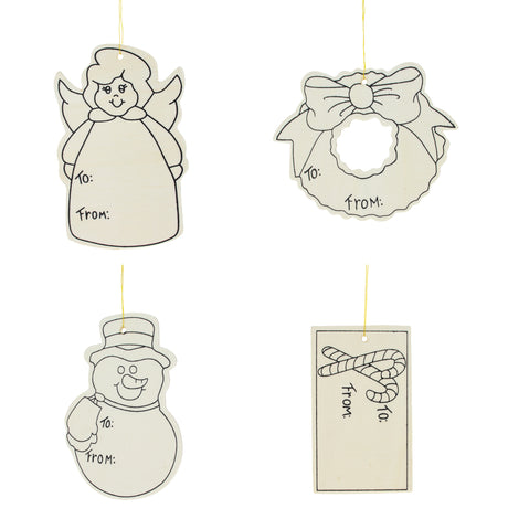 Set of 4 Unfinished Wooden Gift Tags Christmas Theme Cutout DIY Craft 4.5 Inches in Beige color