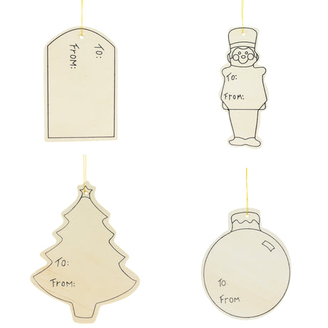 Wood Set of 4 Unfinished Wooden Gift Tags Christmas Theme Cutout DIY Craft 4.7 Inches in Beige color