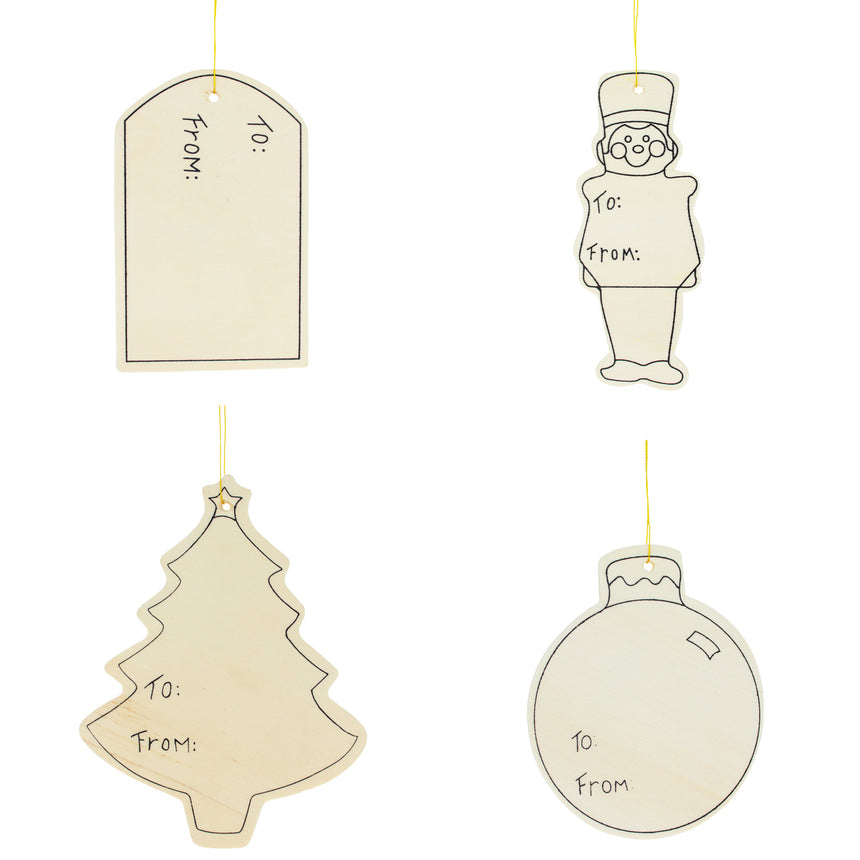 Set of 4 Unfinished Wooden Gift Tags Christmas Theme Cutout DIY Craft 4.7 Inches in Beige color