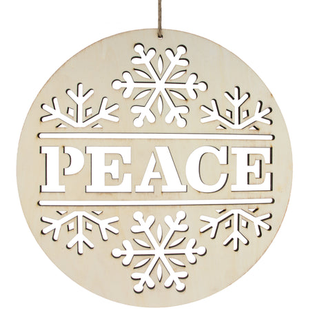 Unfinished Wooden Peace and Snowflake Ornament Cutout DIY Craft 10 Inches in Beige color, Round shape