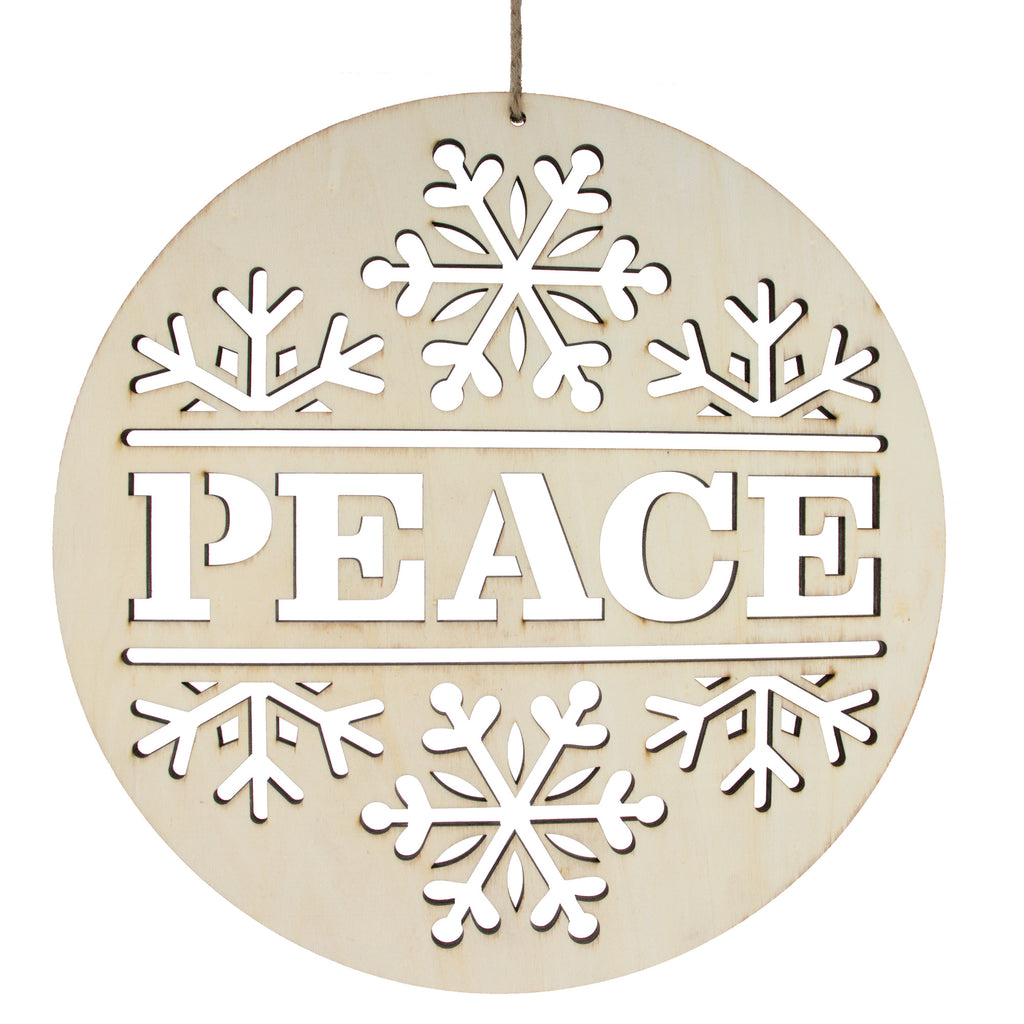 Unfinished Wooden Peace and Snowflake Ornament Cutout DIY Craft 10 Inches in Beige color Round