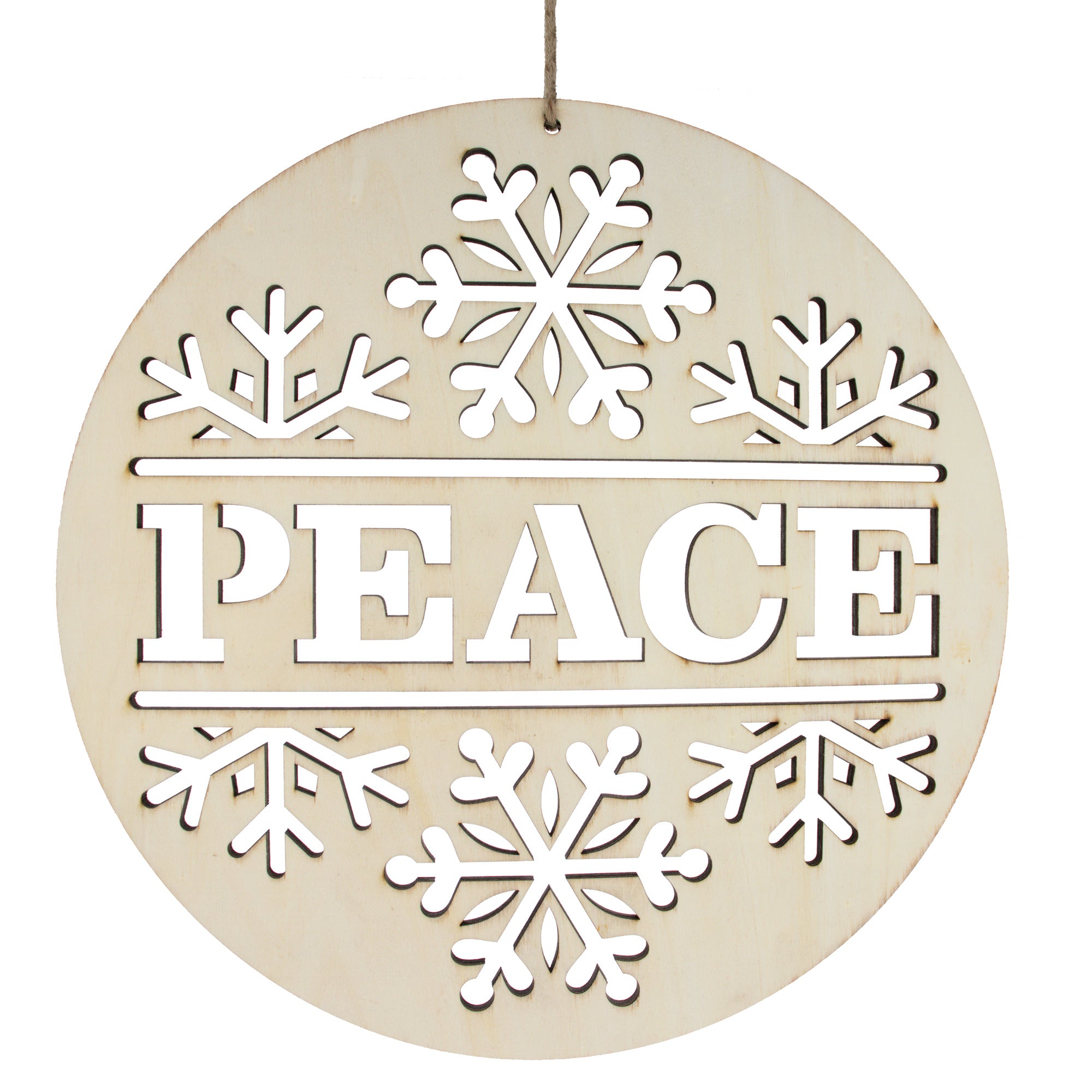 Unfinished Wooden Peace and Snowflake Ornament Cutout DIY Craft 10 Inches in Beige color Round