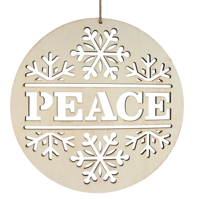 Unfinished Wooden Peace and Snowflake Ornament Cutout DIY Craft 10 Inches in Beige color Round