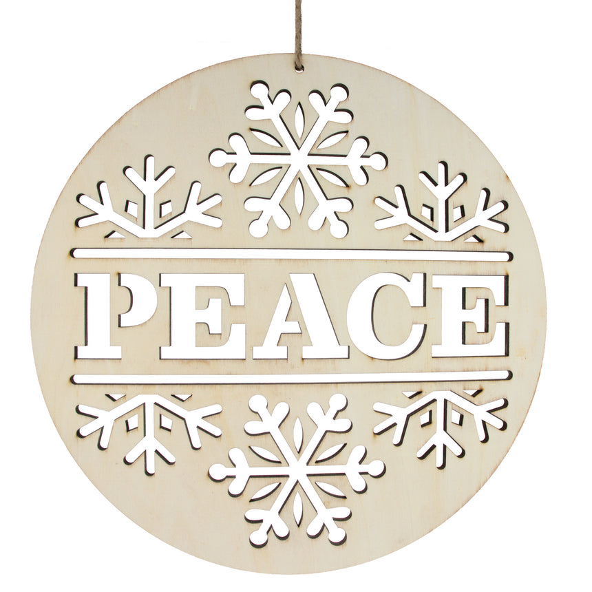 Unfinished Wooden Peace and Snowflake Ornament Cutout DIY Craft 10 Inches in Beige color Round