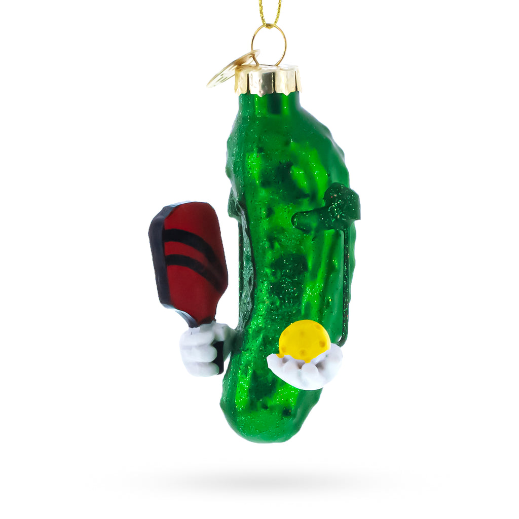 Whimsical Pickleball Pickle Glass Christmas Ornament in Green color Figurine