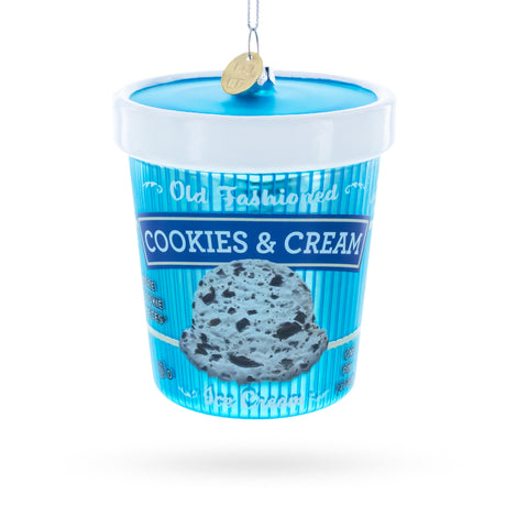 Cookies and Cream Ice Cream Pint Blown Glass Christmas Ornament in Blue color