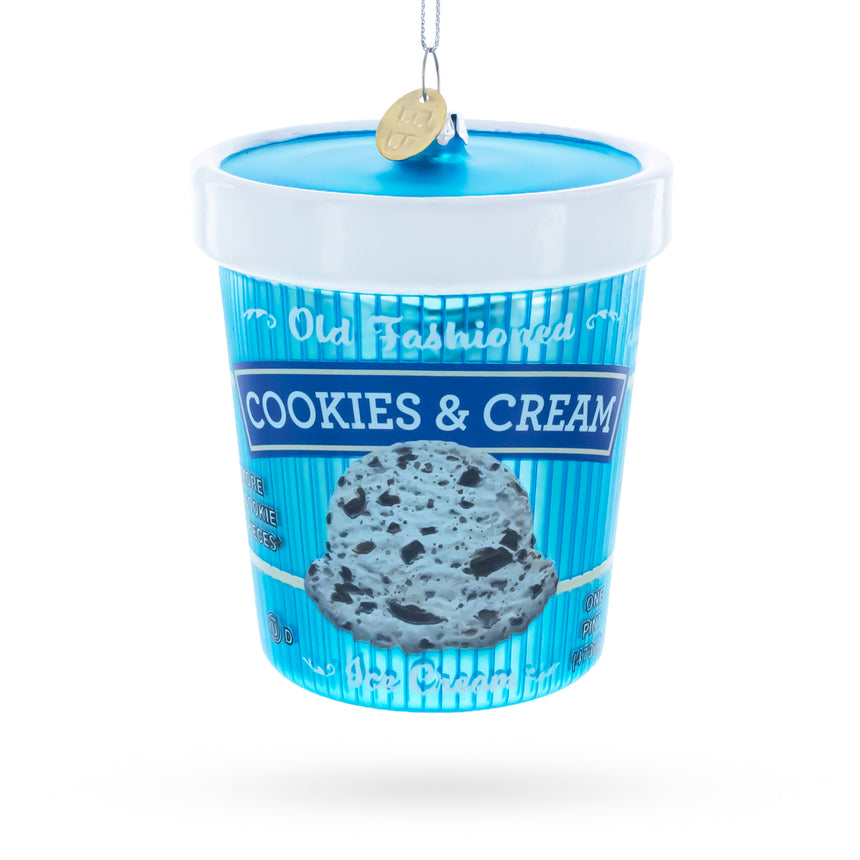 Cookies and Cream Ice Cream Pint Blown Glass Christmas Ornament in Blue color