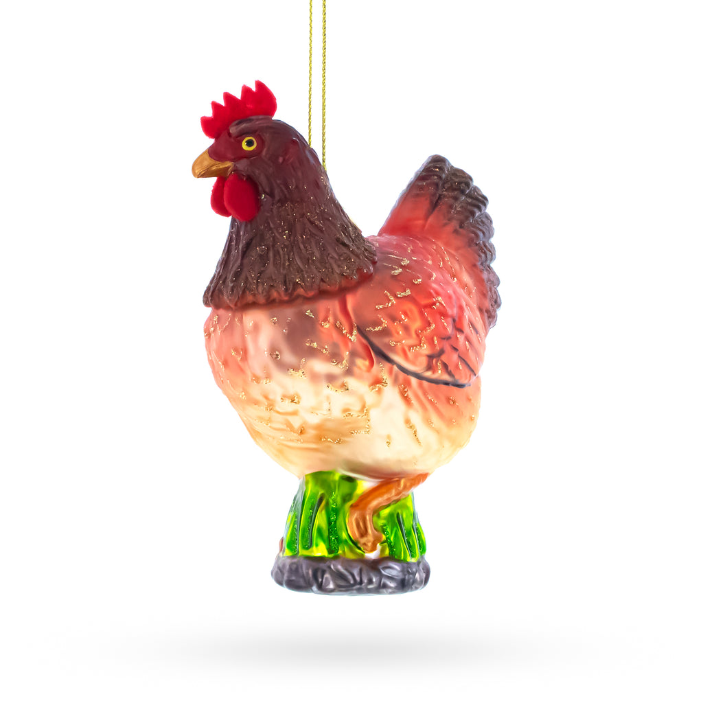 Farm Hen Chicken With Red Comb Glass Christmas Ornament in Orange color Figurine