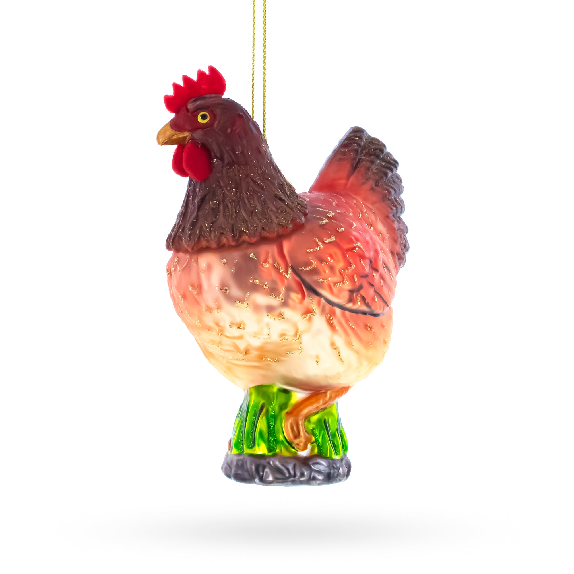 Farm Hen Chicken With Red Comb Glass Christmas Ornament in Orange color Figurine