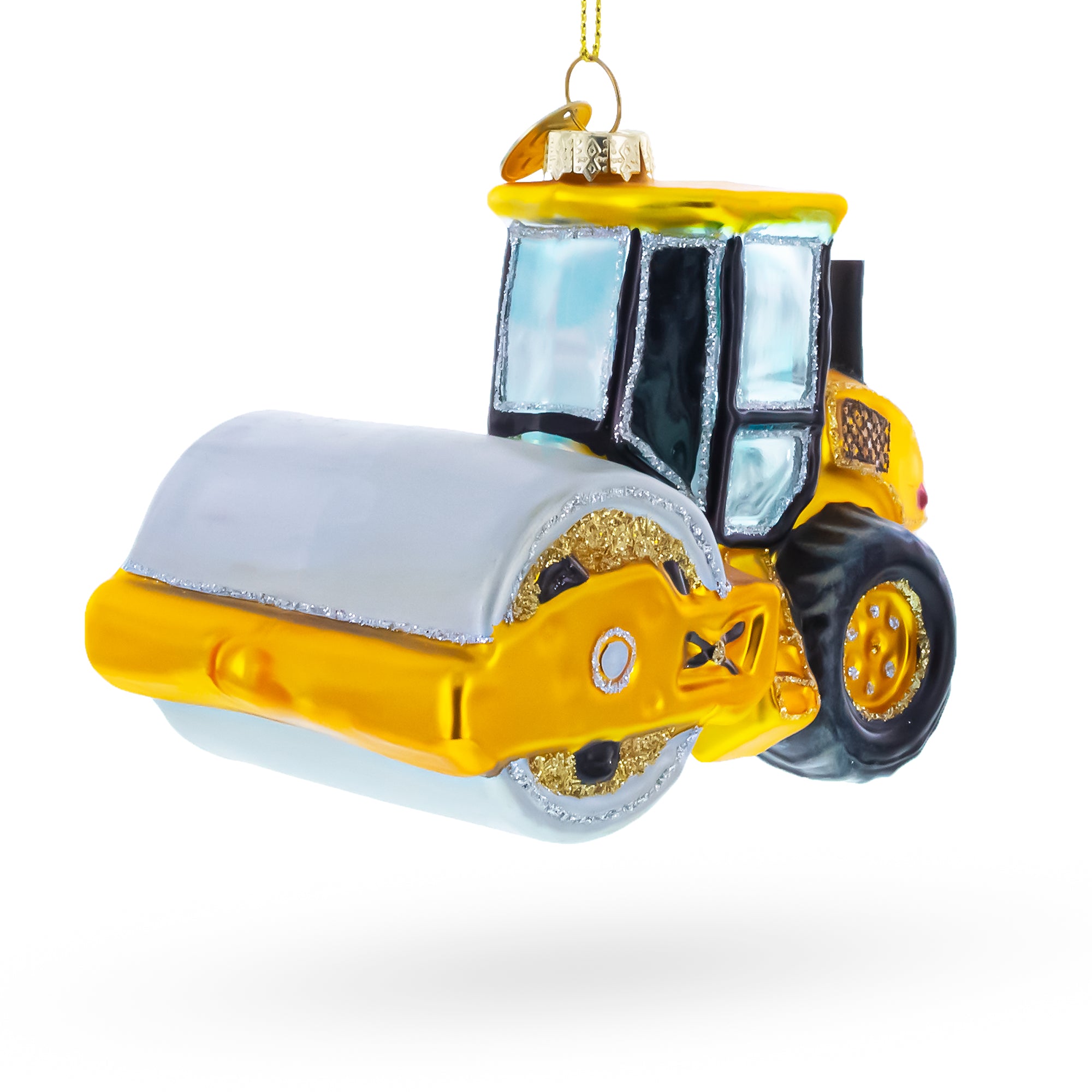 Industrial Steamroller Construction Road Roller Glass Christmas Ornament in Yellow color Figurine