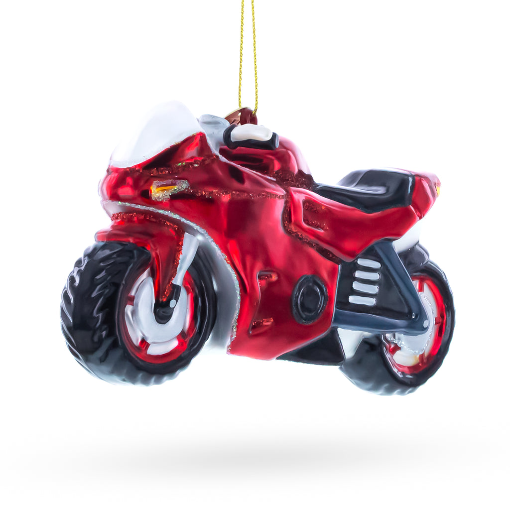 Red Racing Motorcycle Glass Christmas Ornament in Red color Figurine