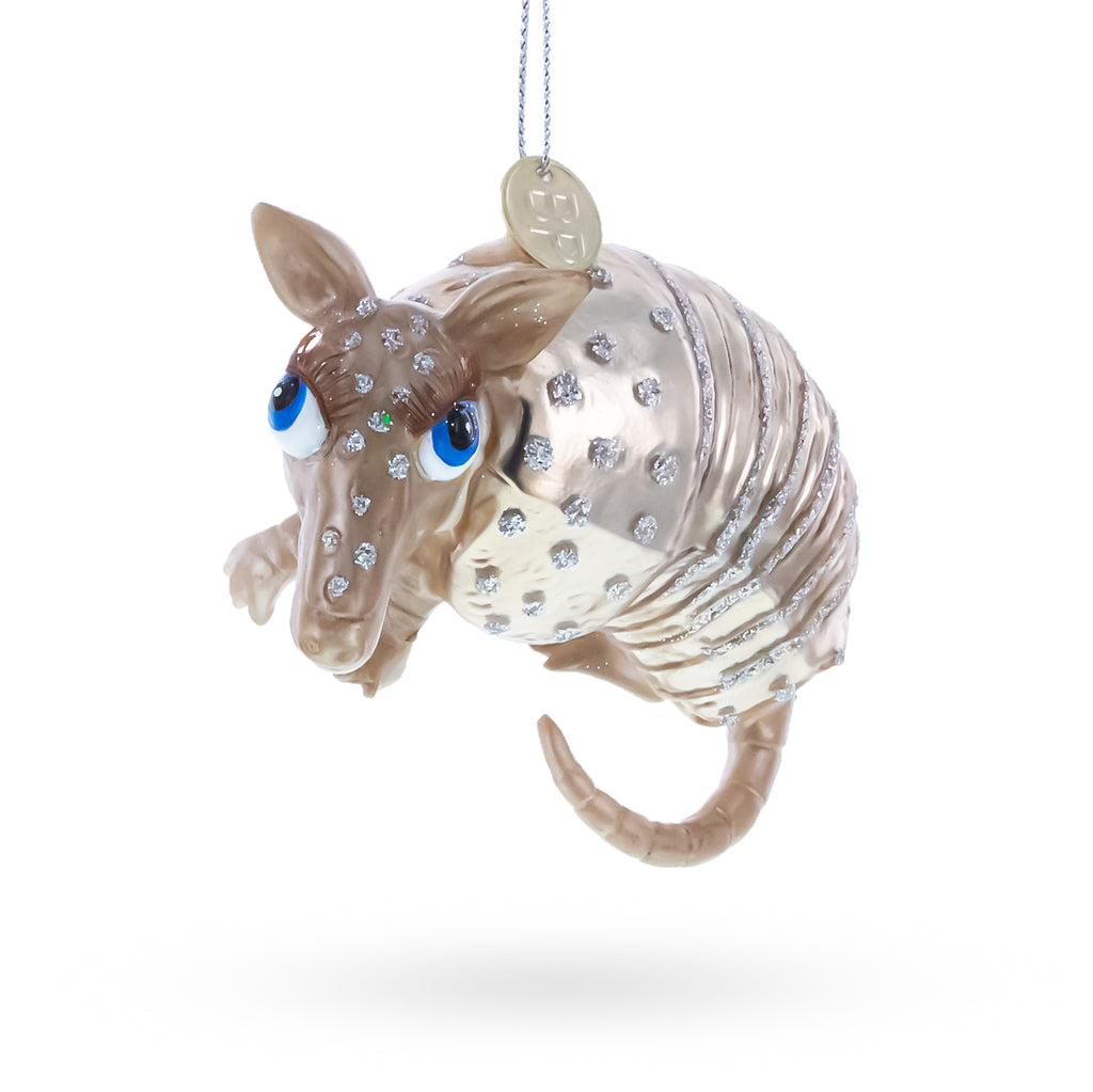Armadillo With Curled Tail Glass Christmas Ornament in Gray color Figurine