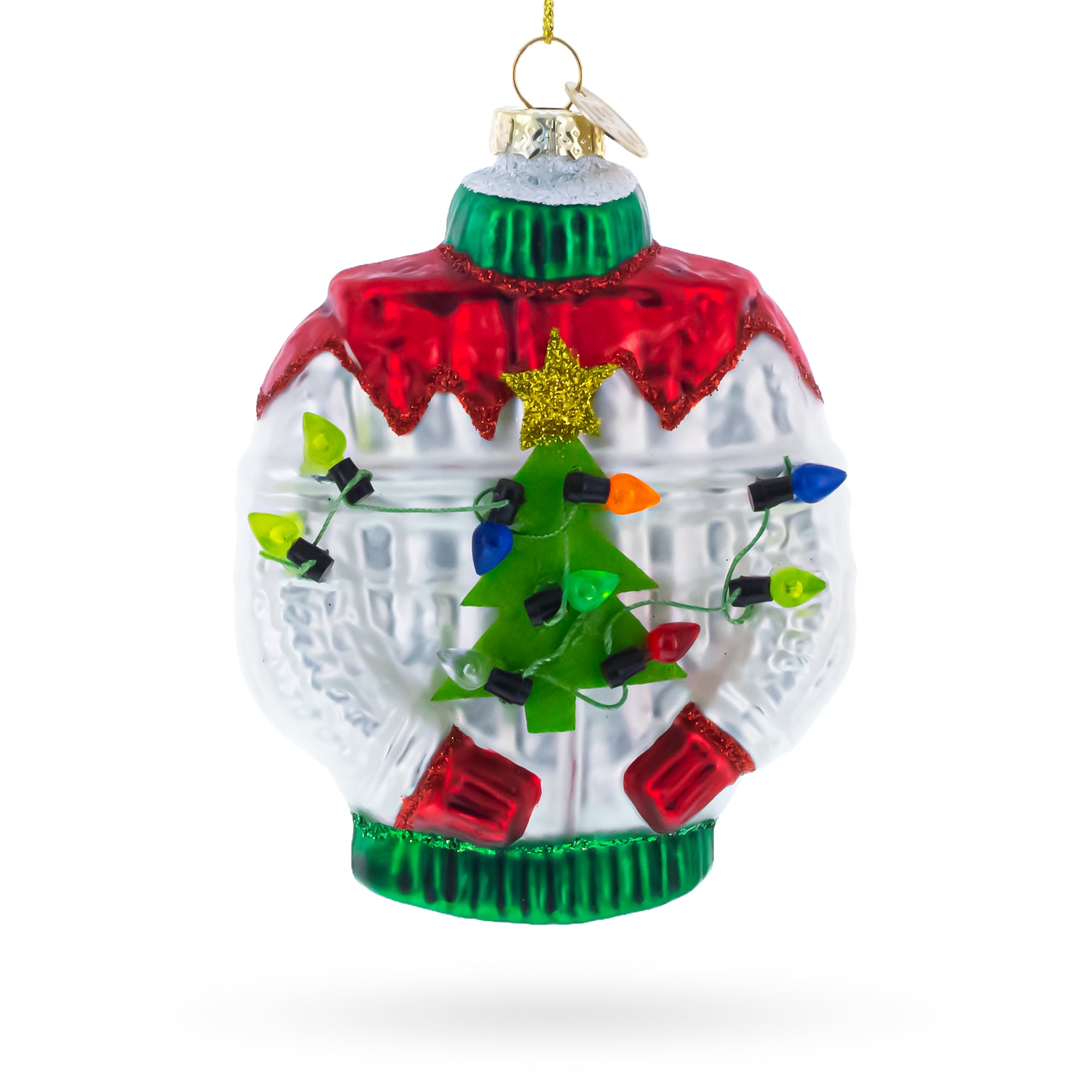 Ugly Christmas Sweater Blown Glass Christmas OrnamentChina , dimensions in inches: 4.5 x 3.2 x 1.5